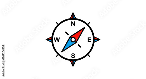 minimalist compass icon with red and blue needle on white background simple navigation symbol for travel apps maps and wayfinding design