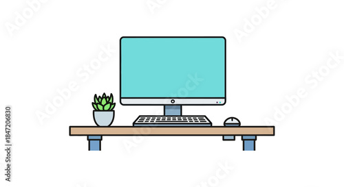 minimalist desktop computer workstation with keyboard mouse and houseplant on clean office desk flat vector illustration for web design