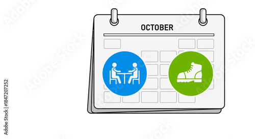 october calendar with meeting icon and hiking boot symbol planning work appointments and outdoor adventure schedule for fall events