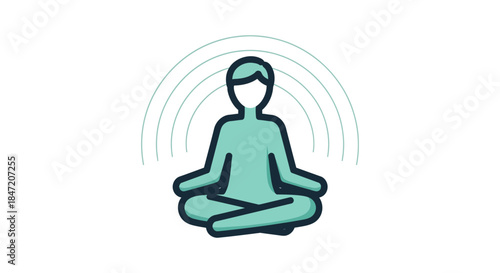 minimalist meditation icon of person in lotus pose with calming aura lines on white background ideal for mindfulness app or wellness branding