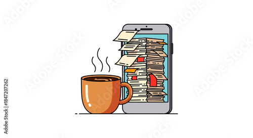 mobile office worker overwhelmed by digital paperwork on smartphone screen with coffee cup illustrating remote work stress and burnout