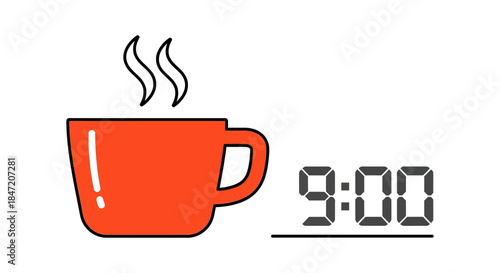 morning coffee break concept with steaming cup and digital clock at 9 am on white background minimalist office routine illustration