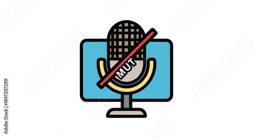 muted microphone icon on computer screen for podcast recording live stream or online meeting interface concept of silence and audio control