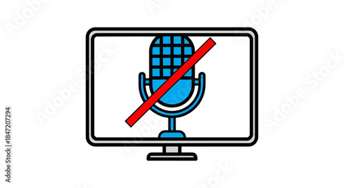muted microphone icon on computer screen with red slash illustrating disabled audio online meeting privacy and sound mute notification