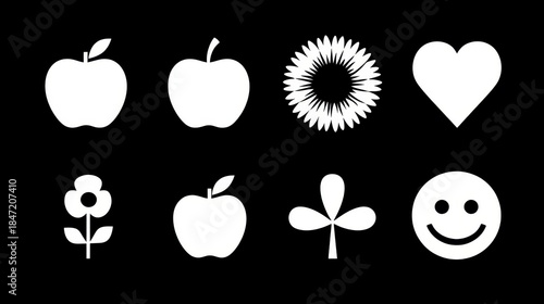 Black background features white stylized silhouettes including apples, flowers, a heart, a four-leaf clover, and a smiley face