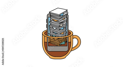 overloaded office worker smartphone with paperwork stack sinking into coffee cup symbolizing burnout stress and remote work fatigue