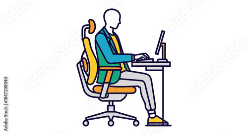office worker sitting in ergonomic chair typing at computer desk in modern workplace illustration concept for healthy posture design
