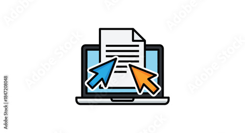 online document editing icon with laptop computer text file and colorful cursors illustrating web content creation and collaboration apps