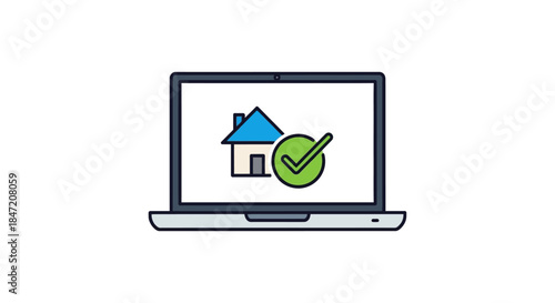 online mortgage approval concept with house icon and green check mark displayed on laptop screen for digital home loan services