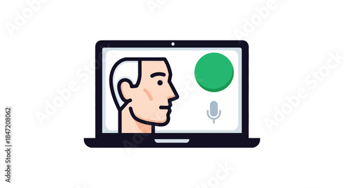 online video conference interview with male avatar on laptop screen and microphone icon simple flat illustration for remote work apps