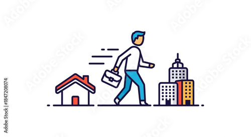 office worker commuting from suburban home to city business district walking with briefcase illustrating daily work life and career