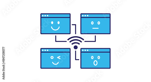 online video conference with emoticon faces connected by wifi simple blue outline web browser icon for remote teamwork and chat apps