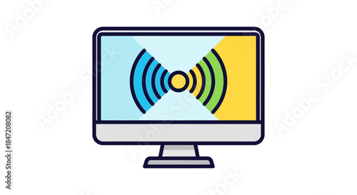 online webinar streaming icon on desktop monitor colorful broadcast waves symbolizing digital communication and virtual conference apps
