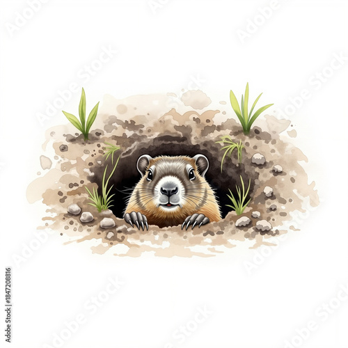 Groundhog peeking from burrow for holiday editorial storytelling and seasonal marketing