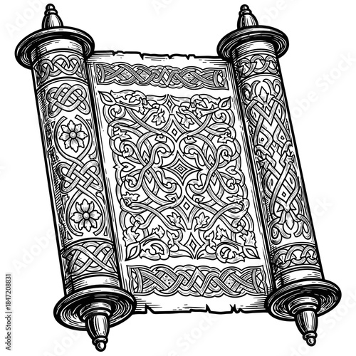 Ornate Scroll of Esther line art illustration for Purim religious education and holiday editorial design
