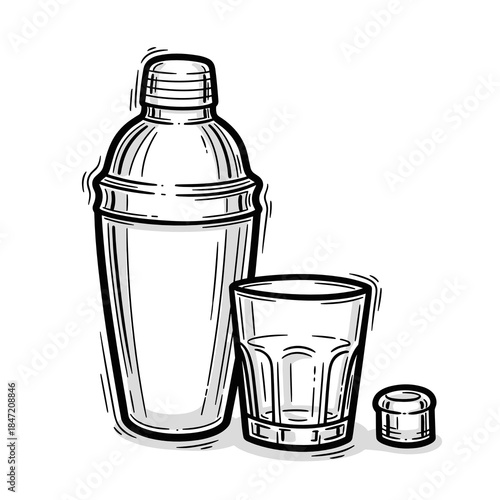 Cocktail shaker and glass line art illustration for International Bartender Day bar menu and educational design