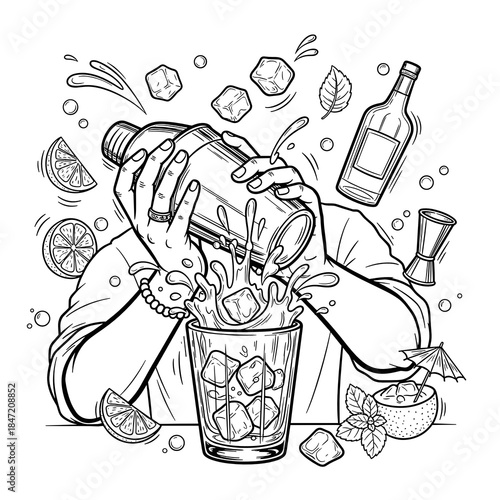 Bartender mixing cocktail line art illustration for International Bartender Day educational materials and bar branding