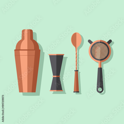 Bartender tools flat illustration set with shaker jigger spoon and strainer for International Bartender Day educational and branding use