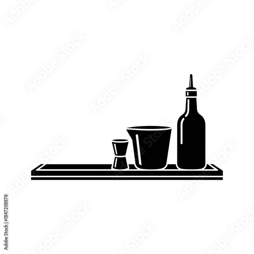 Bartender tools silhouette icon with bottle jigger and shaker for International Bartender Day bar menu and branding