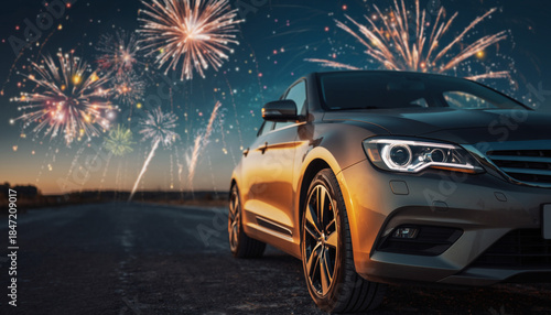 A luxurious happy new year car parked on an open road, brilliantly illuminated by a spectacular display of vibrant fireworks under a twilight sky, symbolizing celebration and new beginnings