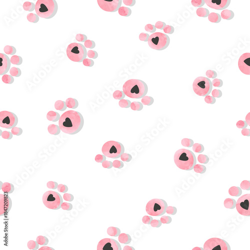 Cartoon animal paw print seamless watercolor pattern in pink color