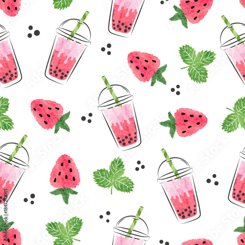 Strawberry bubble tea seamless pattern. Vector background with fruit boba drink in glasses