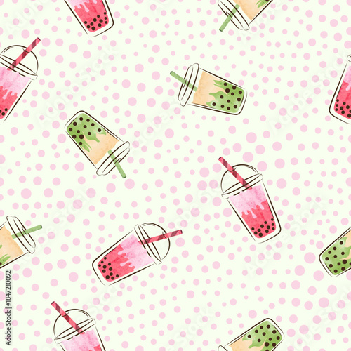 Seamless bubble tea drink pattern. Colorful vector background with hand drawn boba in glasses
