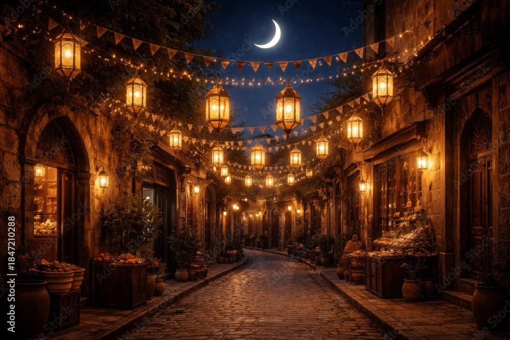Obraz premium Ramadan Crescent Moon and Traditional Lanterns at Night