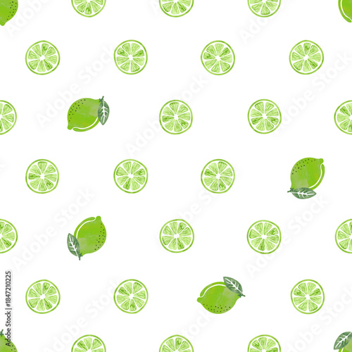 Seamless polka dot pattern with watercolor lime fruit slices