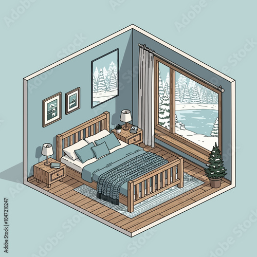Cozy winter-themed bedroom with large window overlooking snowy landscape and seasonal decor