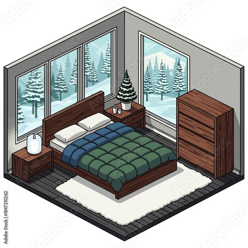 Cozy winter-themed bedroom with large windows showcasing snow-covered trees and modern furniture