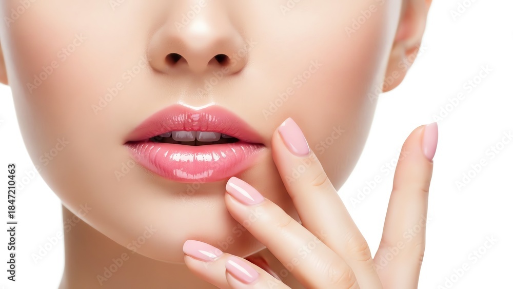Fototapeta premium Woman's face closeup with glossy lips and manicured nails