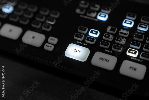 Photos Mini Pro video switcher with illuminated buttons, professional live streaming and video production equipment for broadcasting, podcasting, online events, studio control, and digital content creation