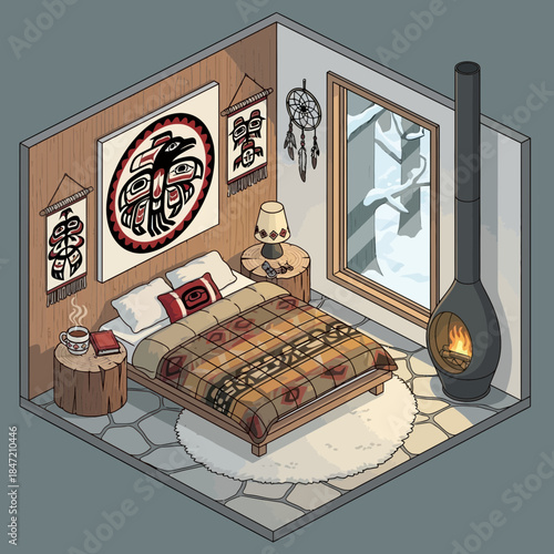 cozy modern bedroom interior with wood paneling large window and decorative wall art in a