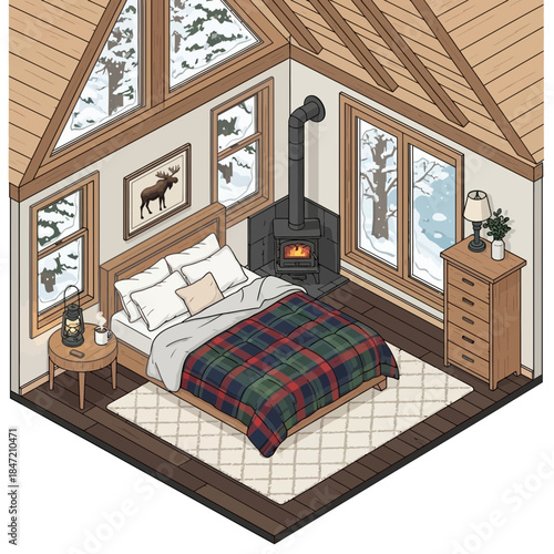 Cozy modern cabin bedroom with a wood stove and large windows overlooking nature