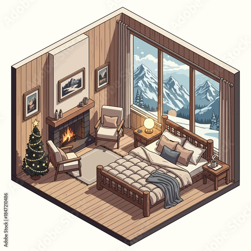 Cozy mountain cabin bedroom with fireplace and large window showcasing snowy peaks