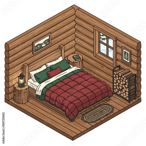 cozy rustic bedroom with wooden log walls and charming decor for restful retreat