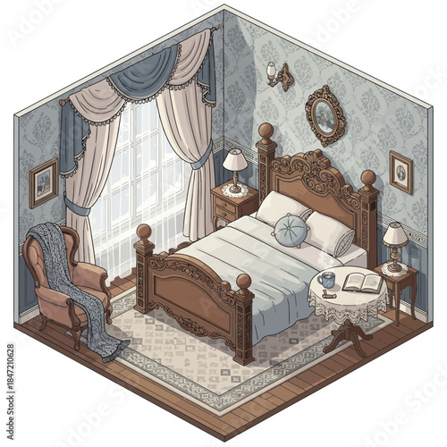 Cozy vintage bedroom interior with ornate wooden furniture and elegant decor elements