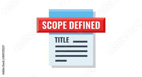 project scope defined document icon with bold red banner label and outlined title section flat business planning illustration for presentations
