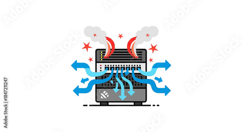 overloaded server cooling system illustration with heat smoke and airflow arrows concept for data center downtime and network risk