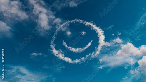 A smiley face drawn in the sky using clouds against a clear blue backdrop. --ar 16:9 --v 7 Job ID: a3e76a50-8385-4741-a926-f8e5d695b3e9