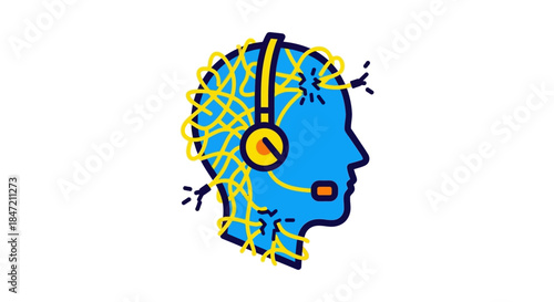 overwhelmed call center support agent with tangled headset cable inside head abstract customer service stress concept for burnout and helpline