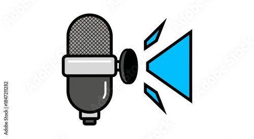 podcast microphone icon with sound waves flat vector illustration on white background for audio recording voice over music app