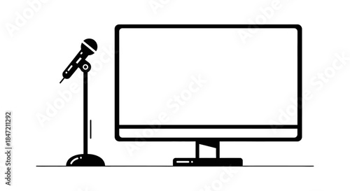 podcast microphone on stand next to widescreen computer monitor minimalist black line icon for online streaming webinar live broadcast