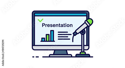 presentation slides on computer monitor with microphone flat vector illustration for webinar online meeting and business training