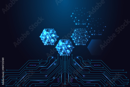 Futuristic glowing hexagons on circuit board, digital structure and tech network vector illustration