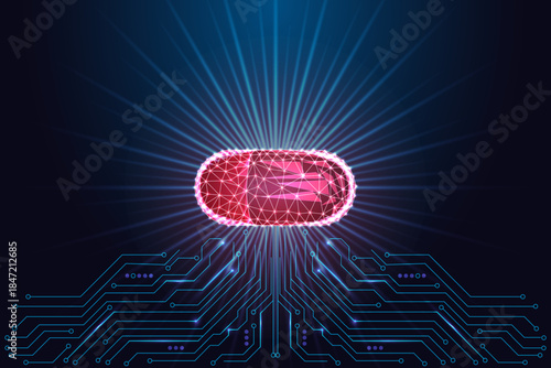 Digital medicine, biotech and health innovation. Glowing red capsule over blue circuit board vector