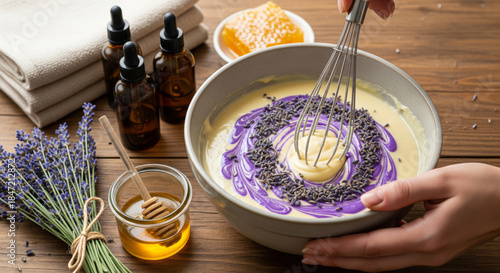 Close-up of hands creating handmade natural soap using lavender and honey.