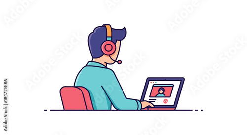 remote support agent with headset providing online video call assistance on laptop modern customer service illustration for business websites