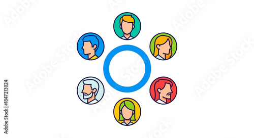 remote team collaboration concept with diverse employee avatars arranged around a central circle icon symbolizing community network